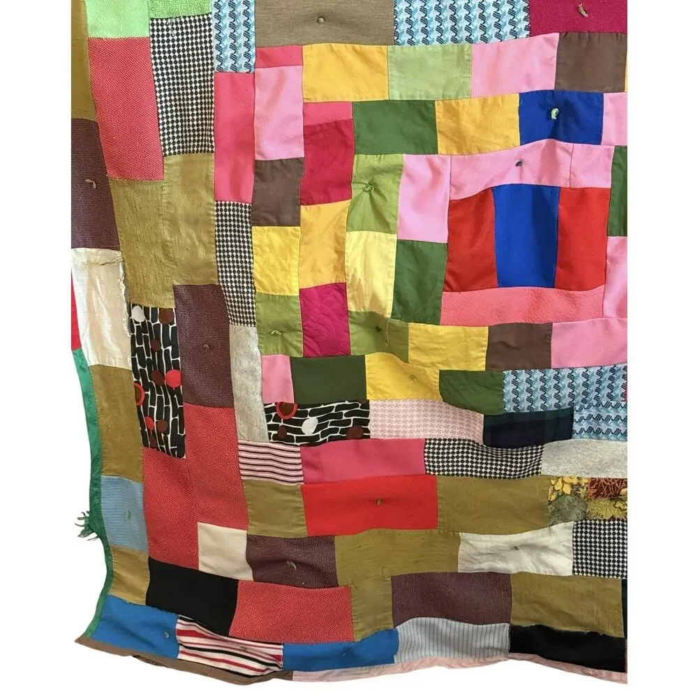 1970s Boho Patchwork Blanket Graphic Prints Quilt VTG Handmade Square 57” X 57”